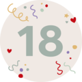 Barevná oslava s číslem 18 obklopeným srdíčky a konfety.
